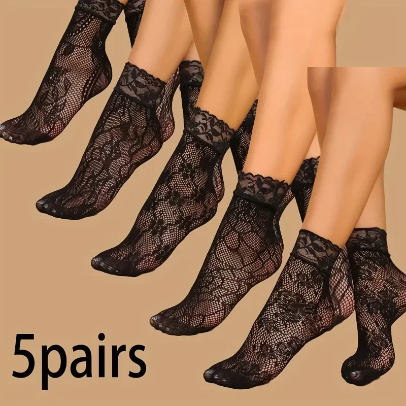 5 Pairs Floral Lace Socks Thin - Fishing Socks 评论和价格